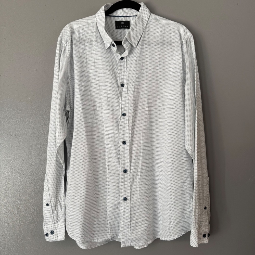 VUSTRA LONG SLEEVE WHITE + BLUE BUTTON DOWN SHIRT 100%‎ ORGANIC COTTON XL